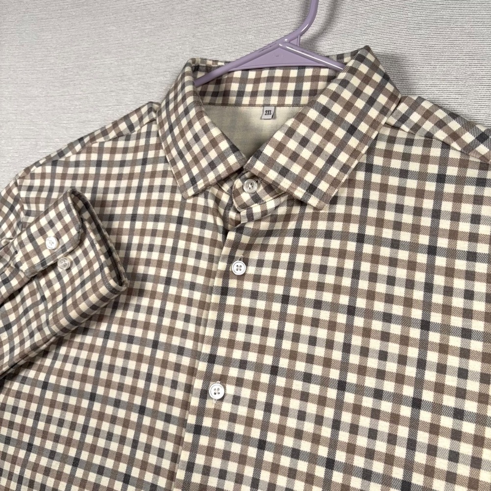 State & Liberty Flannel Shirt Mens 2XL Brown Ivory Gray Poly Spandex Long Sleeve